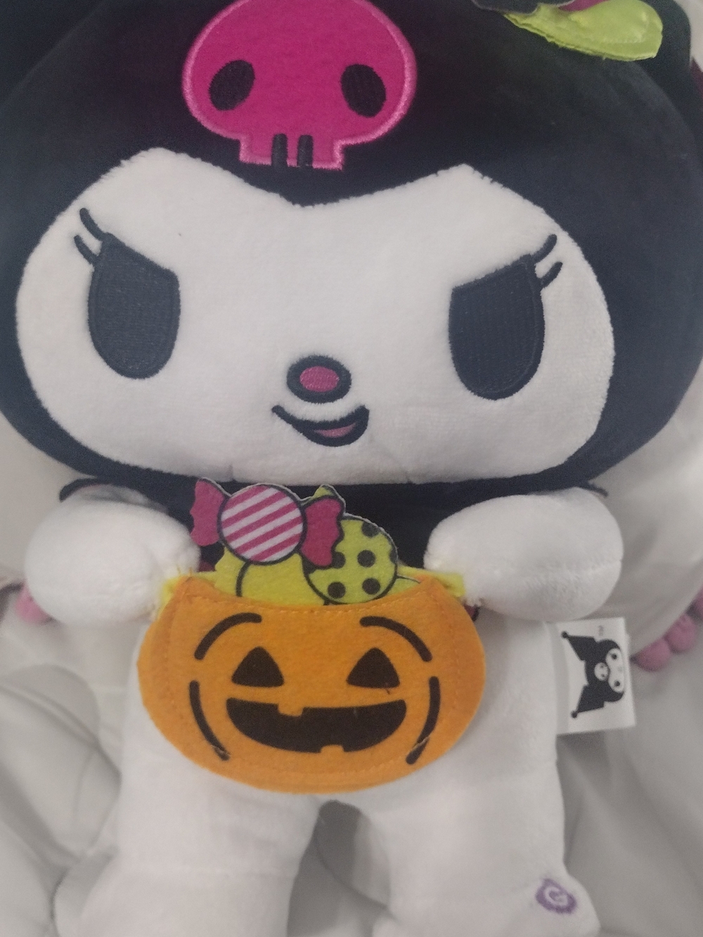 Sanrio Kuromi Animated Plush with Pink Skull and Orange Pumpkin Aprox 15"